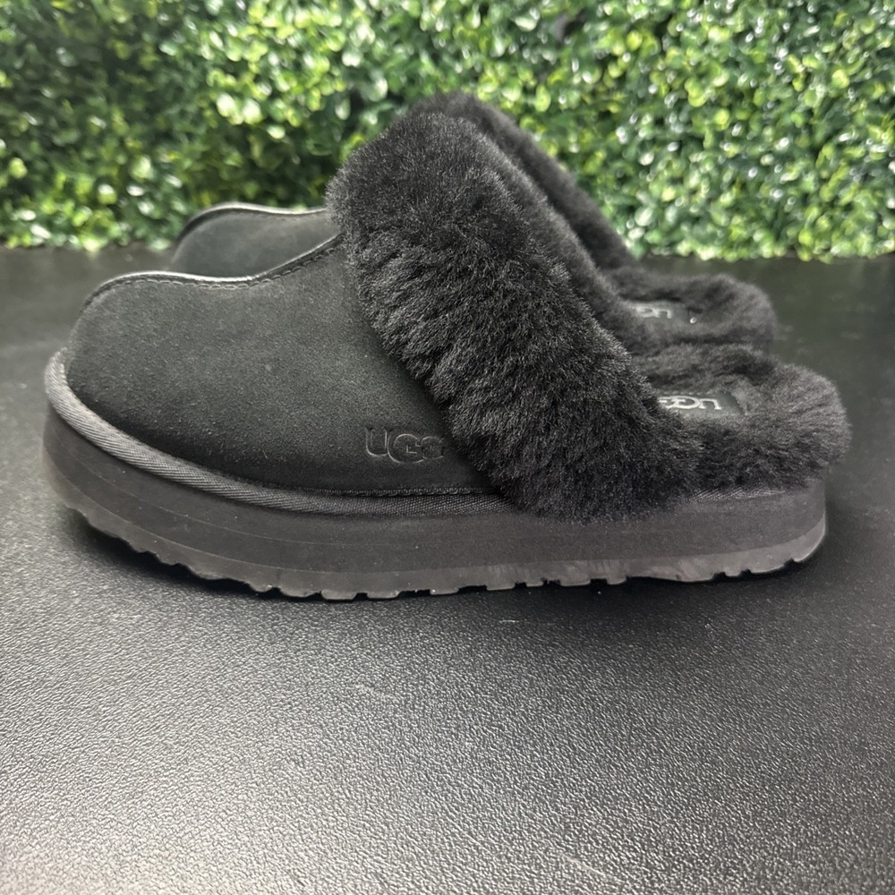 UGG Disquette Slippers Women's Size 10 Black Platform Shearling Suede Slip On